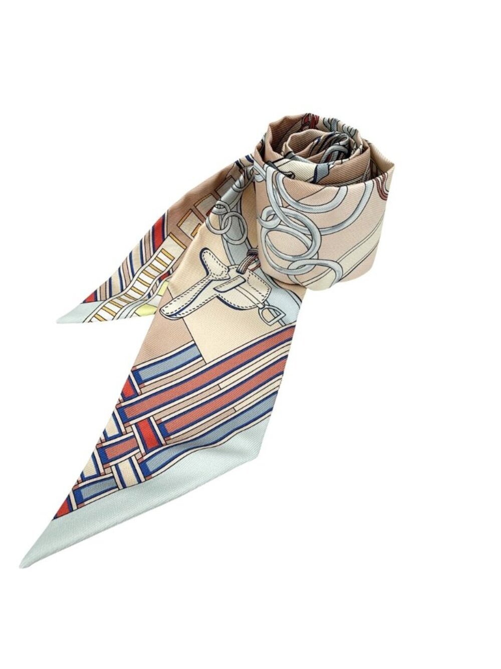 Hermes Scarf Twilly Brides Et Gray Bridle and Charm Beige Silk Multicolor